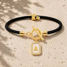 Initial Charm Black Rope Gold Plated Letter Bracelets For Women Men Toggle Closure Cubic Zirconia Tag - Yellow Gold - View 29