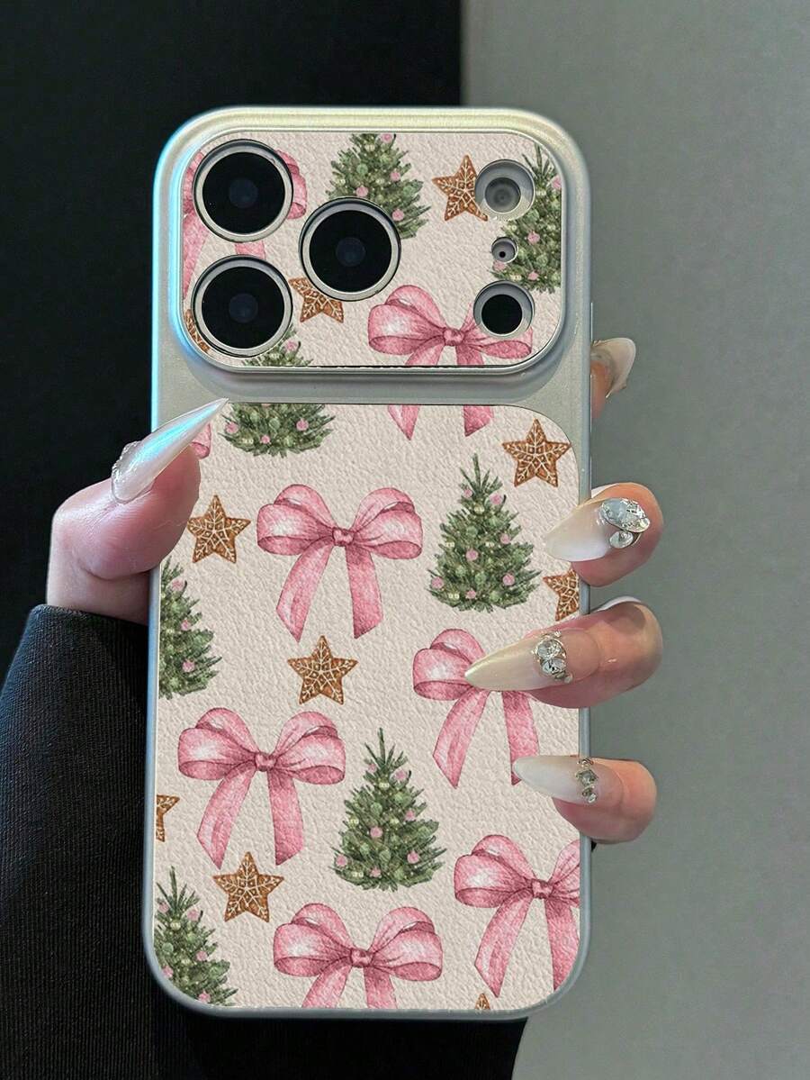 1pc TPU Material Pink Christmas Sweet Pattern Phone Case Compatible With Apple 17promax/17/16promax/15/13/12/11 Large Window Skin Full Coverage Anti-Drop Soft Shell Protective Cover - Silver - View 1