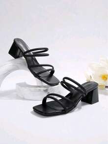 Elegantes tacones altos. Tacón de 6 cm. sandalias informales de tacón grueso. Diseño moderno de punta cuadrada y abierta, ideales para ocasiones formales como fiestas, San Valentín y cenas. - Negro - Ver 5