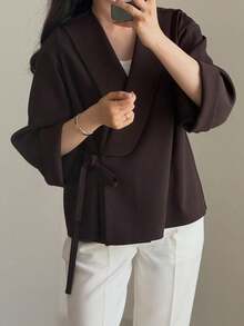 Women's Plus Size Casual Minimalist Long Sleeve Cross Neck Tie Front Cardigan Top, Solid Color, Daily Wear, Autumn/Winter - Brown - View 4