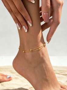 1pc Women's Double Layer Lucky Bead Anklet, Fashionable & Minimalist Multi-Layer Metal Chain Anklet, Suitable For Women's Daily/Party/Travel Wear - Gold - View 4