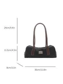 Women's Vintage Faux Leather Bowling Handbag, Silver Square Metal Decoration, Large Capacity Vintage Shoulder Bag, Suitable For Daily Commute And Travel - Black - View 7