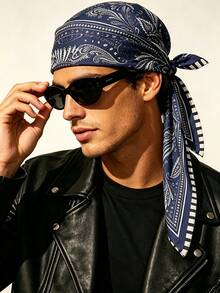 1pc Men Navy Paisley Square Bandana Soft Lightweight Multifunctional Head Neck Scarf For Daily Casual Wear - Multicolor - View 1