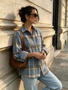 Women's Brushed Plaid Front Button Pocket Casual Shirt Spring - Blue - View 1