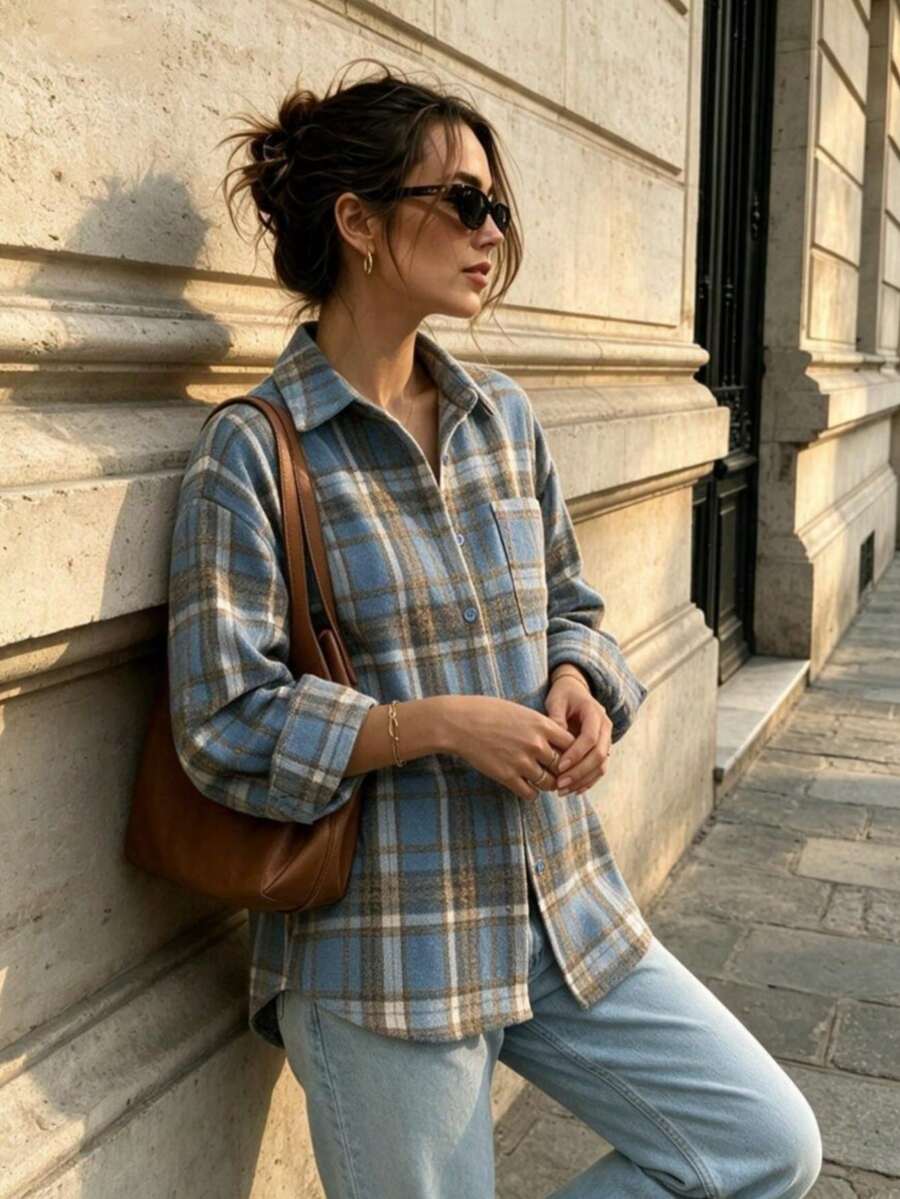 Women's Brushed Plaid Front Button Pocket Casual Shirt Spring - Blue - View 1