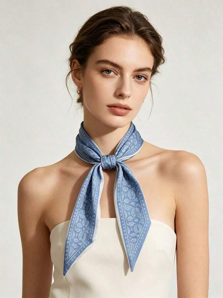 Moemton Women's Office Soft Style Gray-Blue And White Paisley Pattern Silk Skinny Scarf, Soft Accessory For Shirts And Blazers, Daily Neck Wear - Baby Blue - View 1
