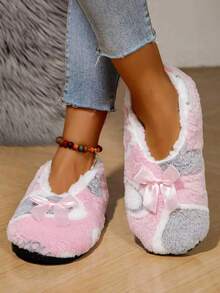 Casual Indoor Slippers Comfortable Warm Home Slippers Cute Heart Pattern Bow Women's Shoes - Grey - View 6