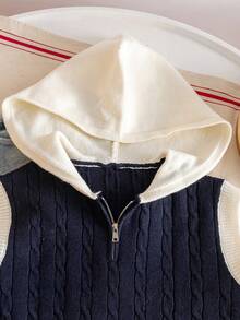 Boys' College Style Colorblock Cable Knit Hooded Half-Zip Sleeveless Sweater Pullover, Suitable For School Daily Casual Wear In Spring, Autumn And Winter - Navy Blue - View 3