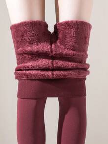 1pc Women's Wool Lined Thickened Warm Velvet Leggings, Tummy Control Soft Elastic 9/10 Length Tights For Winter - Burgundy - View 9