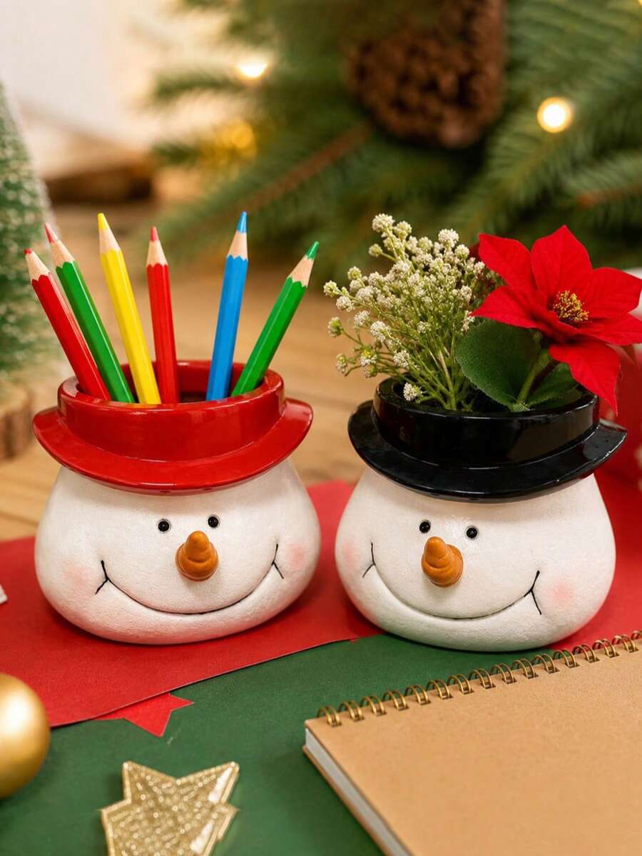 1pc Desktop Pen Holder Snowman Shaped Resin Planter Decorative Succulent Pot Christmas Gift Holiday Desktop Ornament Practical Home Christmas Gift