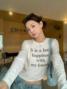 Korean Style White Lace Backless Shoulder Long Sleeve T-Shirt Women Autumn Short Design Top - White - View 5