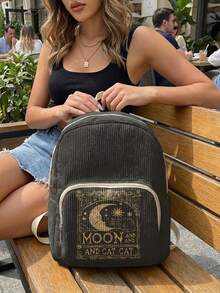 1PC Kitten‑Print Women Mini Backpack, Corduroy Girl School Bag, Travel Storage Bag, Large Capacity Foldable Lightweight Backpack, Multi‑Pocket Layered Design With Zipper Closure - Moon Kitten 22485 - View 1