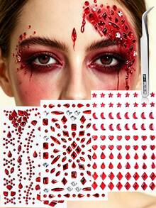 2/4pcs Red Face Gem Stickers, Star, Heart, Teardrop, Square, Diamond Shapes, Self-Adhesive, With Tweezers, Suitable For 2K Style Carnival Party, Halloween, Cosplay - Red - View 4