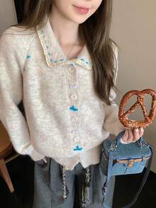 Women's Autumn/Winter New Lace Collar Patchwork Knit Cardigan Top - Apricot - View 3