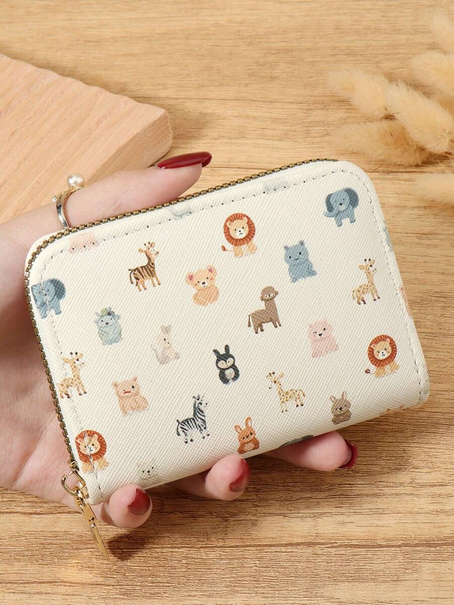 Fashionable Animal Print Zipper Credit Card Clip Bag, Large Capacity Multi Slot Coin Credit Card Wallet, Suitable For Outdoor And Travel - White - View 1