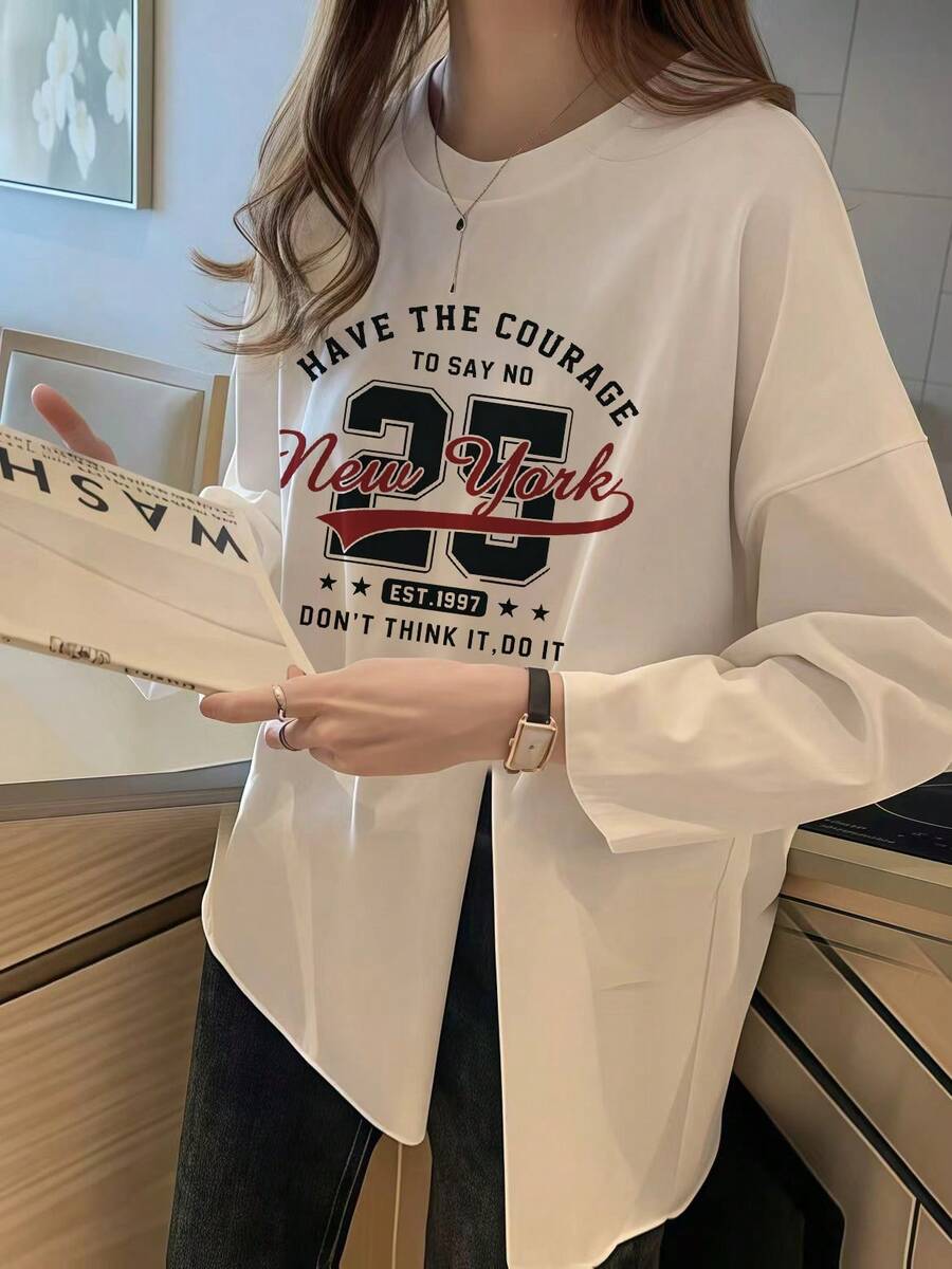 Street Style HAVE THE COURAGE Letter Slogan 25 Number Print Loose Long Sleeve T-Shirt Women Early Autumn Basic - White - View 1