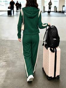 Women's Autumn/Winter Hooded Colorblock 2 Pieces Set, Zipper Pocket Drawstring Top + Straight Leg Pants, Suitable For Office And Casual Wear - Dark Green - View 4