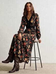 Rusttydustty Women's Vintage V-Neck Patchwork Lace Trim Floral Print Cinched Waist Long Dress, Autumn Women's Dress, Street Vintage Clothing - Black - View 4