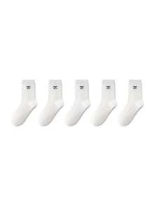 ZUJO 1/5 Pairs Women's Pure White Vertical Ribbed Bow Mid-Calf Socks, Comfortable, Moisture-Wicking, Breathable, Classic Versatile For Daily Casual Wear, Suitable For Spring, Autumn And Winter - White - View 6