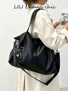 Tote Bag With Exquisite Heart Bow Charm Accessory, Soft Relaxed Body Silhouette, 3D Segmented Stitching Details, Comes With 2 Interchangeable Shoulder Straps For Multiple Carrying Styles, Large Capacity Storage Design, Minimalist Casual Style Bag, Suitable For Daily Commute, Short Trips, Shopping And Dates, Atmospheric Large Bag, Women's Bag For Various Occasions - Black - View 5