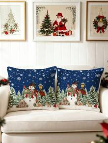1/2/4pcs Vintage Christmas Night Scene Pillow Covers, Snowman & Forest Animal Pattern, Cozy Winter Home Decor Cushion Cases - Multicolor - View 9