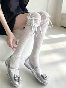 1 Pair Vertical Striped Bowknot Ruched Over-The-Knee Socks For Women, Gentle Japanese Style Relaxed Versatile Knit Long Tube Socks - Multicolor - View 6
