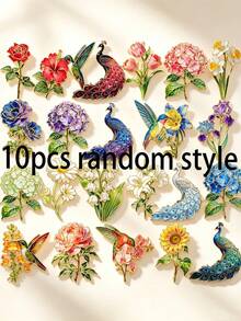 10pcs Random Style Flower Bird Peacock Brooch Set, Multiple Floral Hummingbird Peacock Designs Randomly Matched, Versatile Decorative Accessories For Coats Shawls Jackets - 10pcs Random Styles - View 11