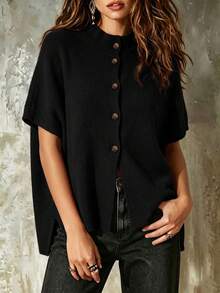Women's Burgundy Stand Collar Batwing Sleeve Single-Breasted Knit Cardigan, Autumn/Winter Layering, Daily Date French Romantic Style - Black - View 1