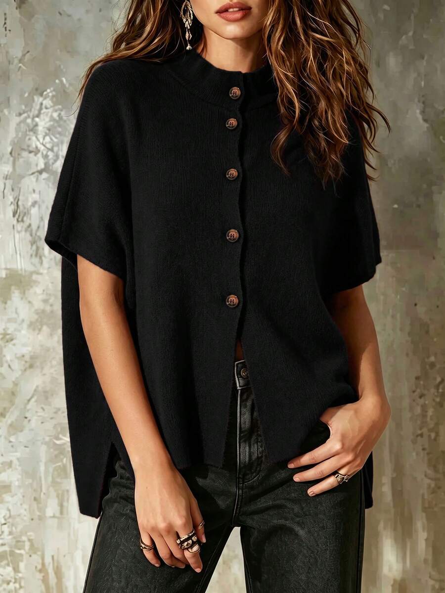 Women's Burgundy Stand Collar Batwing Sleeve Single-Breasted Knit Cardigan, Autumn/Winter Layering, Daily Date French Romantic Style - Black - View 1
