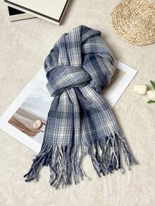 1pc Women's Autumn/Winter Shawl Scarf With Colorblock Plaid And Tassel - Blue Plaid - View 2