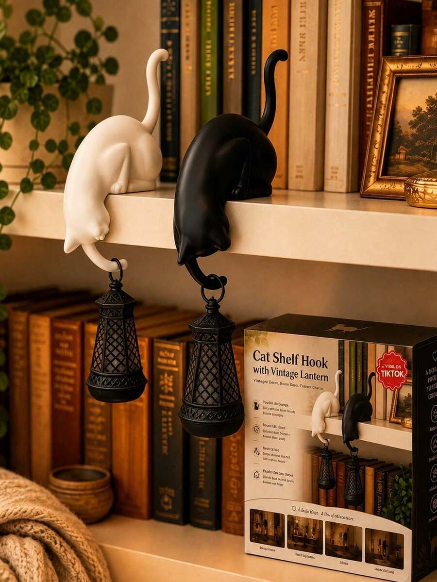 Cat Shelf Hook With Vintage Lantern, Bookshelf Decor, Cat Bookshelf Decor With Lantern, Resin Cat Shelf Sitter, Stable Edge-Sitting Design, Cat Shelf Hook For Key Hanging, Reading Corners And Entryway Hallway Decor, Wall-Mounted Key Hook - Regular Model - View 1