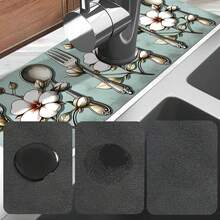 1pc Floral Tableware Design Faucet Mat, Sink Faucet Absorbent Pad, Drainage Mat, Suitable For Kitchen, Bathroom Sink, Countertop, Drainage Mat, Diatomaceous Earth Material, Trimmable, Quick-Dry Mat - Multicolor - View 10