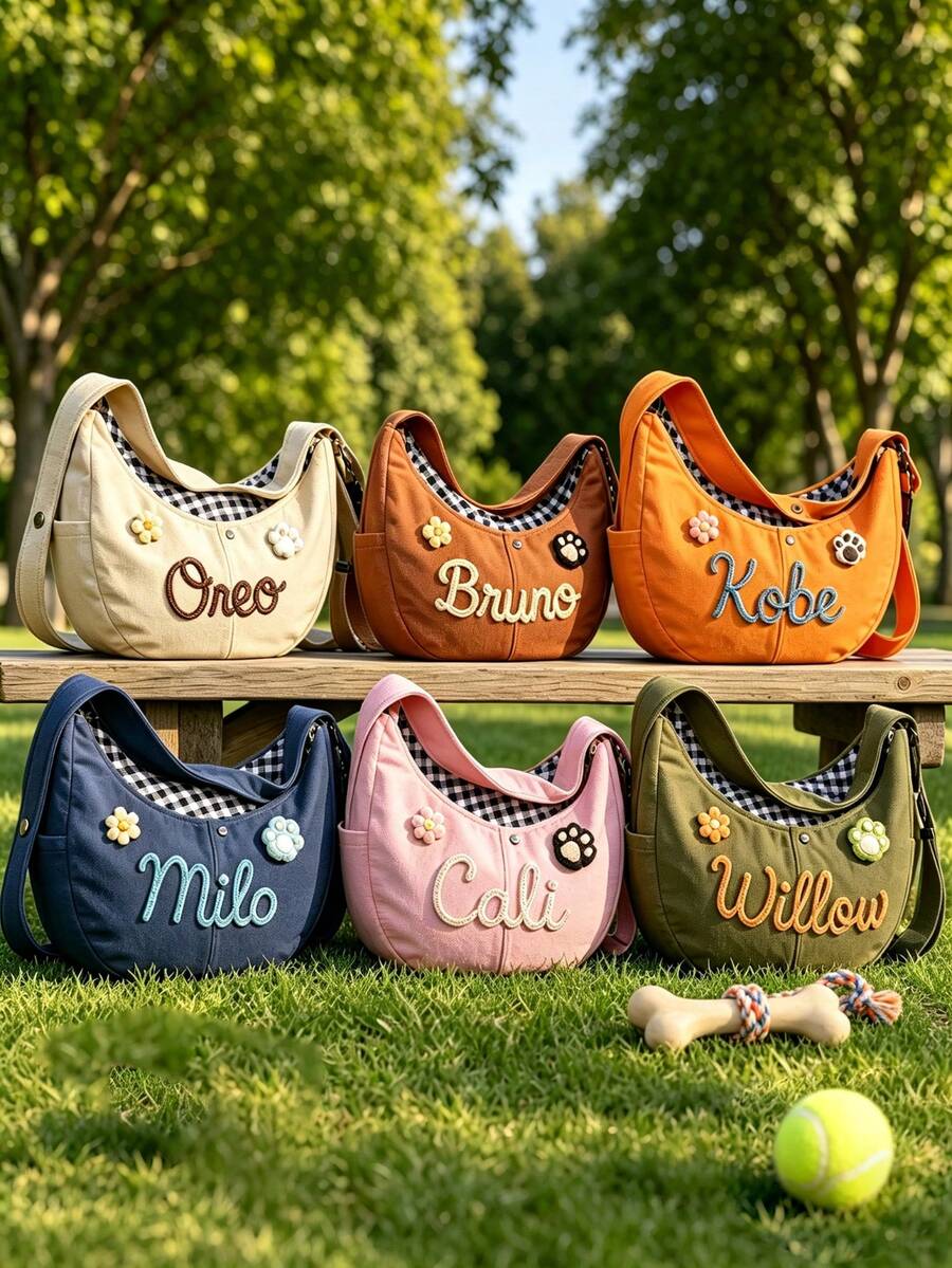 Personalized Custom Name Pet Crossbody Bag, Handmade Yarn Embroidery, Small Cat & Dog Shoulder Bag, Personalized Pet Gift, Hands-Free Pet Carrier, Pet Travel & Walking Bag - Multicolor - View 1