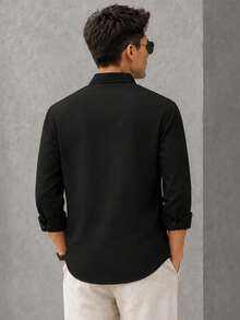Men's Slim-Fit Casual Long-Sleeve Button-Up Shirt - Soft Textured Cotton-Linen Blend Breathable Shirt For Modern Smart-Casual & Everyday Wear - Black - View 3
