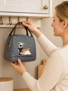 Cute Dog & "Dog Grooming" Striped Lunch Bag, Handbag, Striped Design, Multi-Functional Storage Bag, Lightweight Travel Handbag, Exquisite Gift - Multicolor - View 7