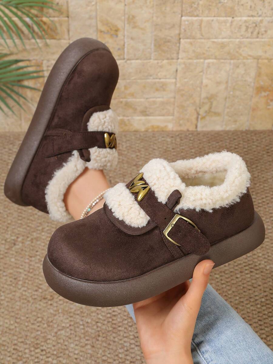 Women's Solid Color Faux Suede Thick Sole Mule Closed Toe Slippers, Curly Fur Trim Collar With Gold Buckle Strap And Metal Letter Decor Backless Slides - Coffee Brown - View 1