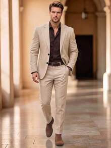 Men's 2-Piece Suit Set, Solid Color Single-Breasted Blazer And Pants, Suitable For Spring, Summer, Autumn, Casual, Business, Commuting - Khaki - View 2