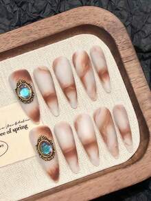 YADORNOS 10pcs Long Pointed Handmade Press-On Nails, Dark Brown & Silver Cat Eye Glitter French Tip False Nails, Embedded 3D Rhinestones, Shiny Style Suitable For Autumn/Winter Party Date Daily Wear, Includes Jelly Glue And Nail File, DIY Manicure Supplies - Brown - View 1
