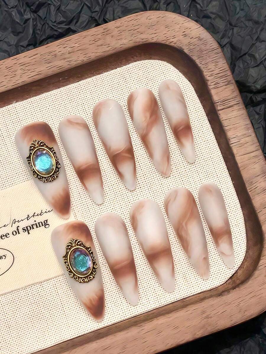 YADORNOS 10pcs Long Pointed Handmade Press-On Nails, Dark Brown & Silver Cat Eye Glitter French Tip False Nails, Embedded 3D Rhinestones, Shiny Style Suitable For Autumn/Winter Party Date Daily Wear, Includes Jelly Glue And Nail File, DIY Manicure Supplies - Brown - View 1