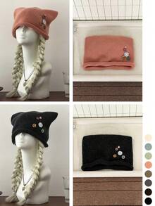 Wool-Blend 2-In-1 Soft Cute Cat-Ear Button Slouchy Beanie Hat For Women Fall Winter Warm Cold Hat - Rolled Edge Button Pin Stackable - View 1