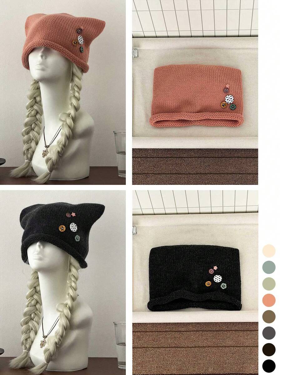 Wool-Blend 2-In-1 Soft Cute Cat-Ear Button Slouchy Beanie Hat For Women Fall Winter Warm Cold Hat - Rolled Edge Button Pin Stackable - View 1