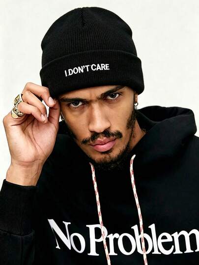 1pc Men's "I DON'T CARE"Letter Embroidered Knit Beanie Hat,Cuffed Warm Skull Cap,Streetwear Soft Stretch Knitted Hat For Daily Outdoor Hip Hop Style