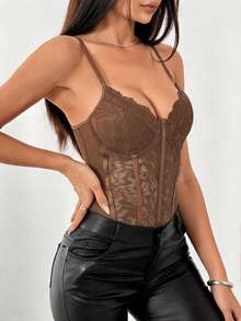 JSE Romantic Lace Trim Bodysuit, Slim Fit Sexy Backless Corset Bodysuit - Brown - View 7