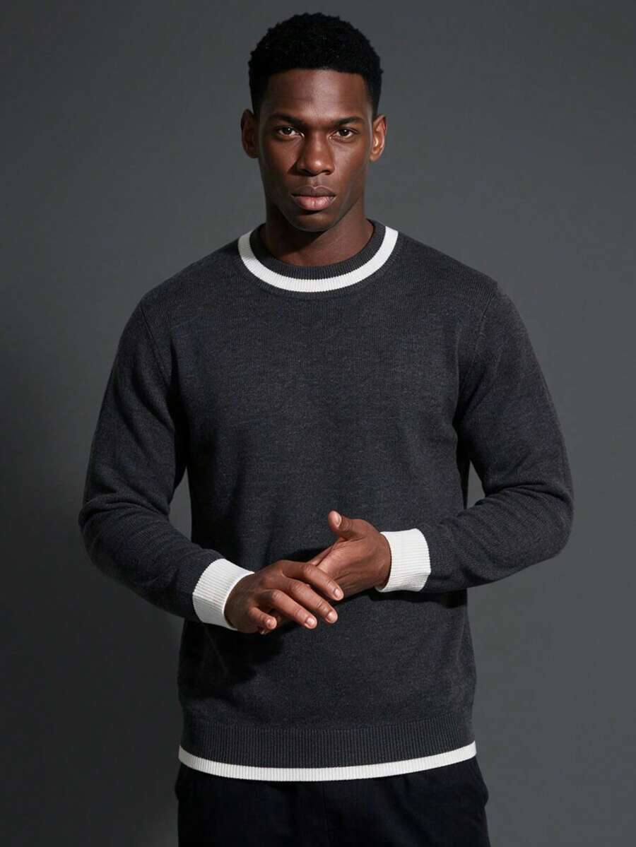 Camvyn Men's Autumn/Winter Casual Fashion Patchwork Slim Fit Regular Shoulder Mock Neck Long Sleeve Sweater - Dark Grey - View 1