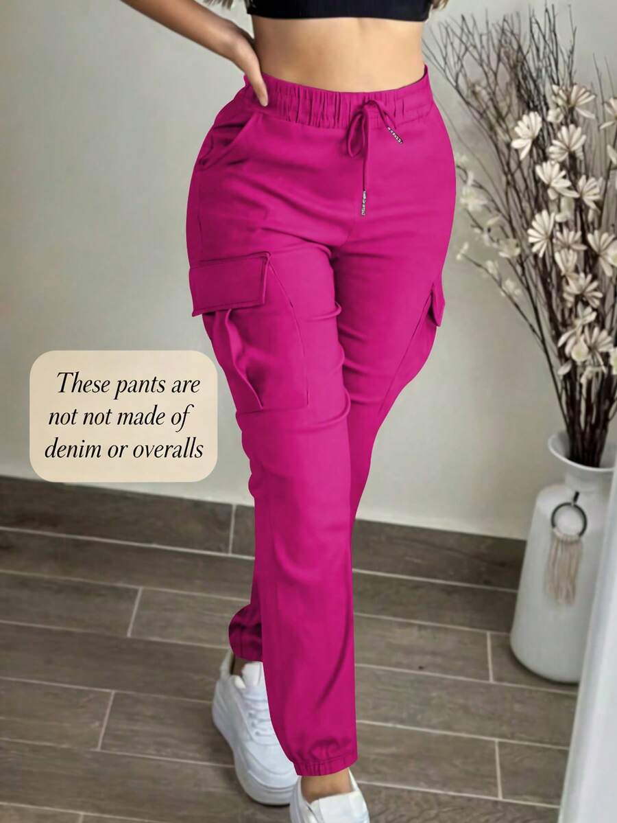 Women's Fashion Elegant Solid Color Casual Pocket Elastic Waist Drawstring Cargo Pants Spring - Hot Pink - View 1