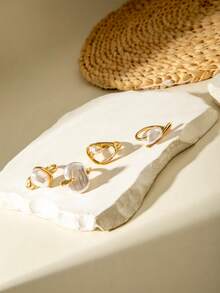 4pcs/Set Minimalist Fashion Alloy Asymmetric Baroque Resin Faux Pearl Multi-Combination Ring Set, Suitable For Women's Daily Commute, Date Outfits, Jewelry Gift - 31066-ring-g-eP - View 10
