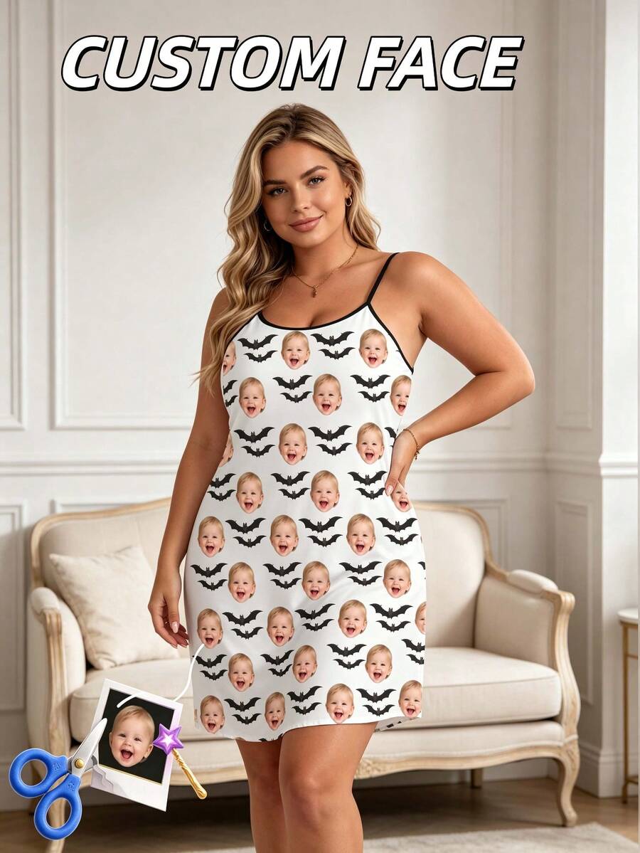 Personalized Custom Photo Halloween Women's Nightgown, Custom Face Bat Print Spaghetti Strap Nightgown, Spooky Holiday Gift For Her - White - View 1