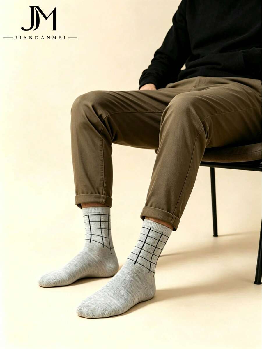 Men's Minimalist Line & Plaid Sweat-Absorbing Breathable Versatile Business Style Mid-Calf Socks For Daily Office Wear - Multicolor - View 1