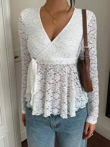 SCARLUX Women's Y2K Lace Top, Floral Lace, Fitted V-Neck Side Tie Ruffle Top, Suitable For Back To School, Streetwear, Daily Commute - White - View 2