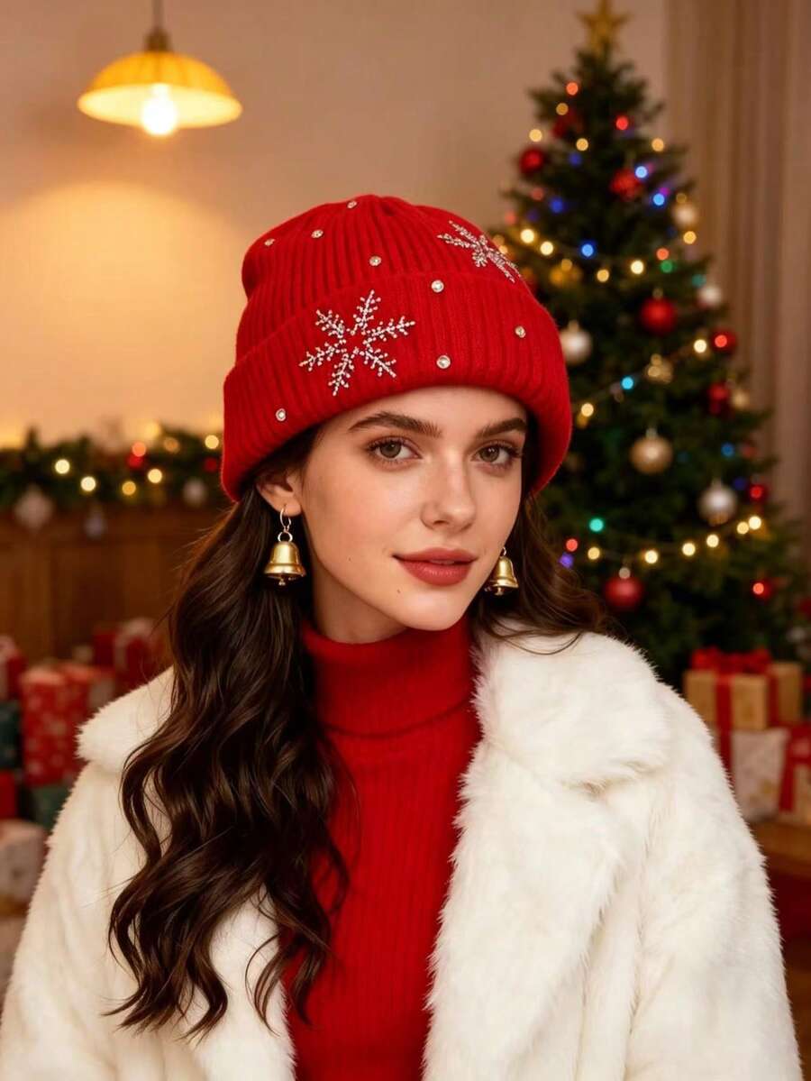 1pc Women's Autumn/Winter 2026 New Snowflake Rhinestone Knitted Beanie Hat, Classic Minimalist Versatile Warm Headwear
